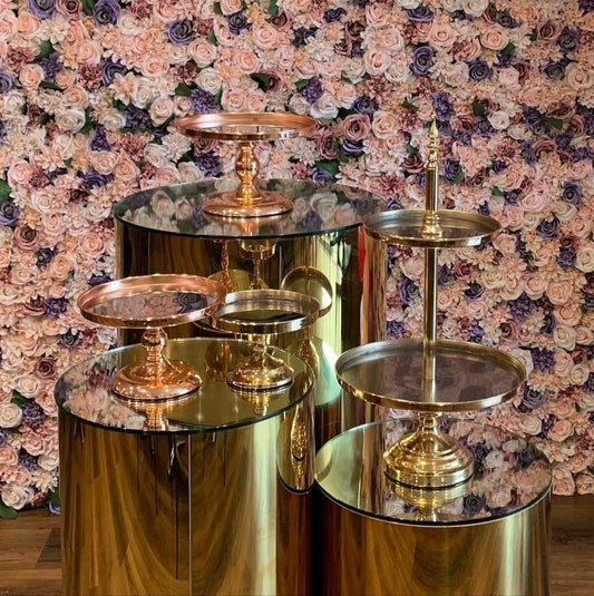 Gold Cylindrical Cake Stands Hire | Set of 3 Tiered Displays