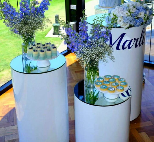 White Cylindrical Cake Stands Hire | Set of 3 Tiered Displays
