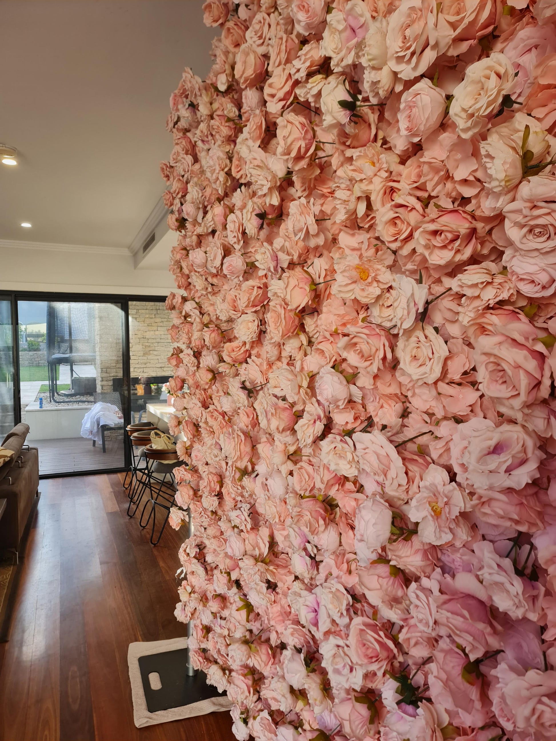 Elegant pink flower wall hire Sydney 2.4 x 2.4m wedding backdrop
