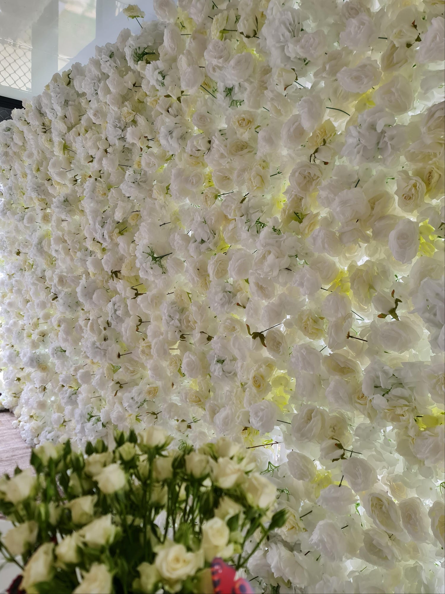 Elegant white floral wall backdrop hire Sydney wedding decoration
