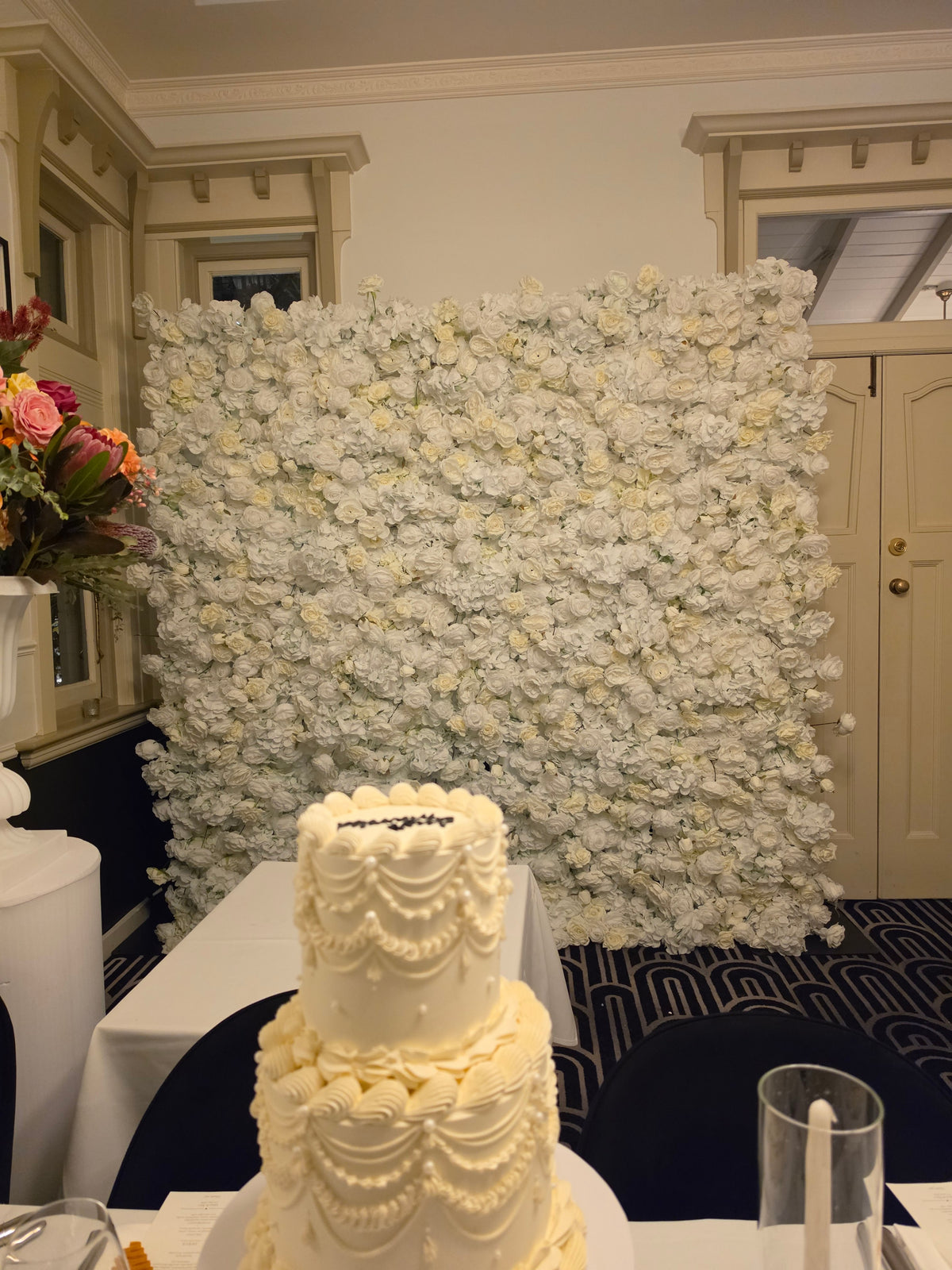 White & Off-White Flower Wall | 2.4m x 2.4m Elegant Backdrop Hire for Sydney wedding reception and event backdrop styling, pr