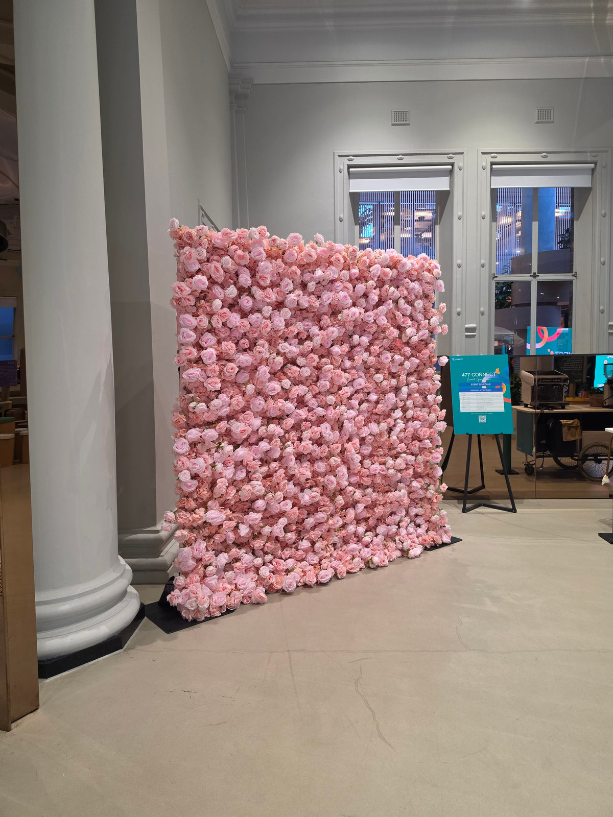 Light Pink Flower Wall | 2.4m x 2.4m Romantic Backdrop Hire for Sydney wedding reception and event backdrop styling, product 